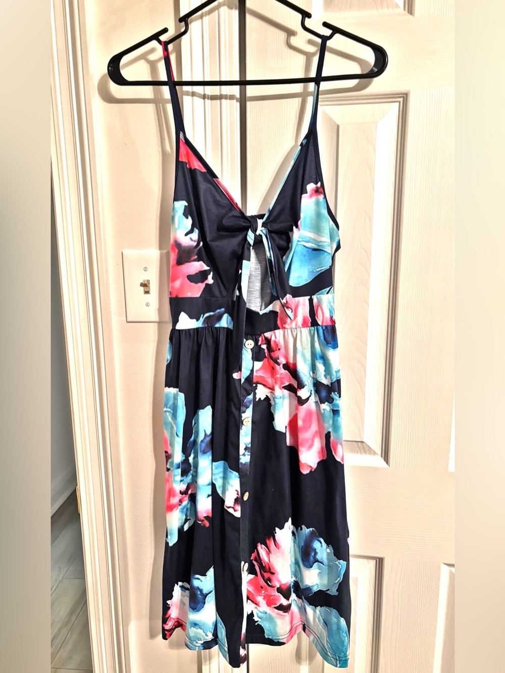 Floral Tie-Front with Cut Out Spaghetti Strap Midi Dress - Navy with Pink & Aqua